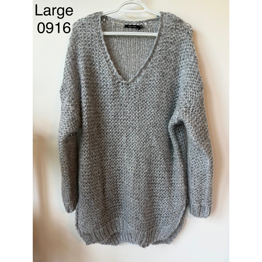 Doe & Rae Womens Large Grey Chunky Knit V-Neck Oversized Tunic Sweater 0916